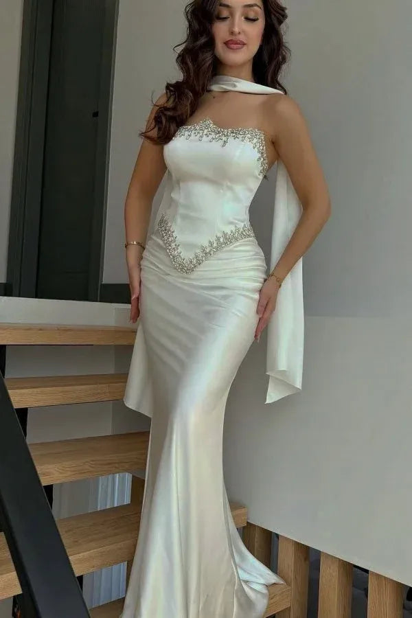 Shining Mermaid Strapless Beaded Satin White Long Prom Dress With Streamer