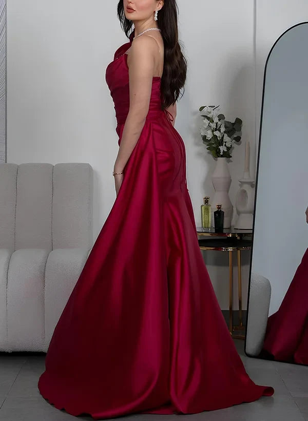 Shining A-Line One-Shoulder Sweetheart Ruched High Slit Satin Fuchsia Red Floor-Length Prom Dress