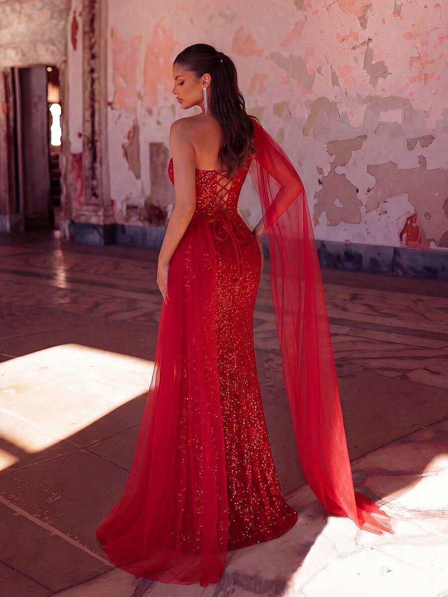 Shining Mermaid One-Shoulder Long Sleeve Slit Sequin Red Floor-Length Prom Dress