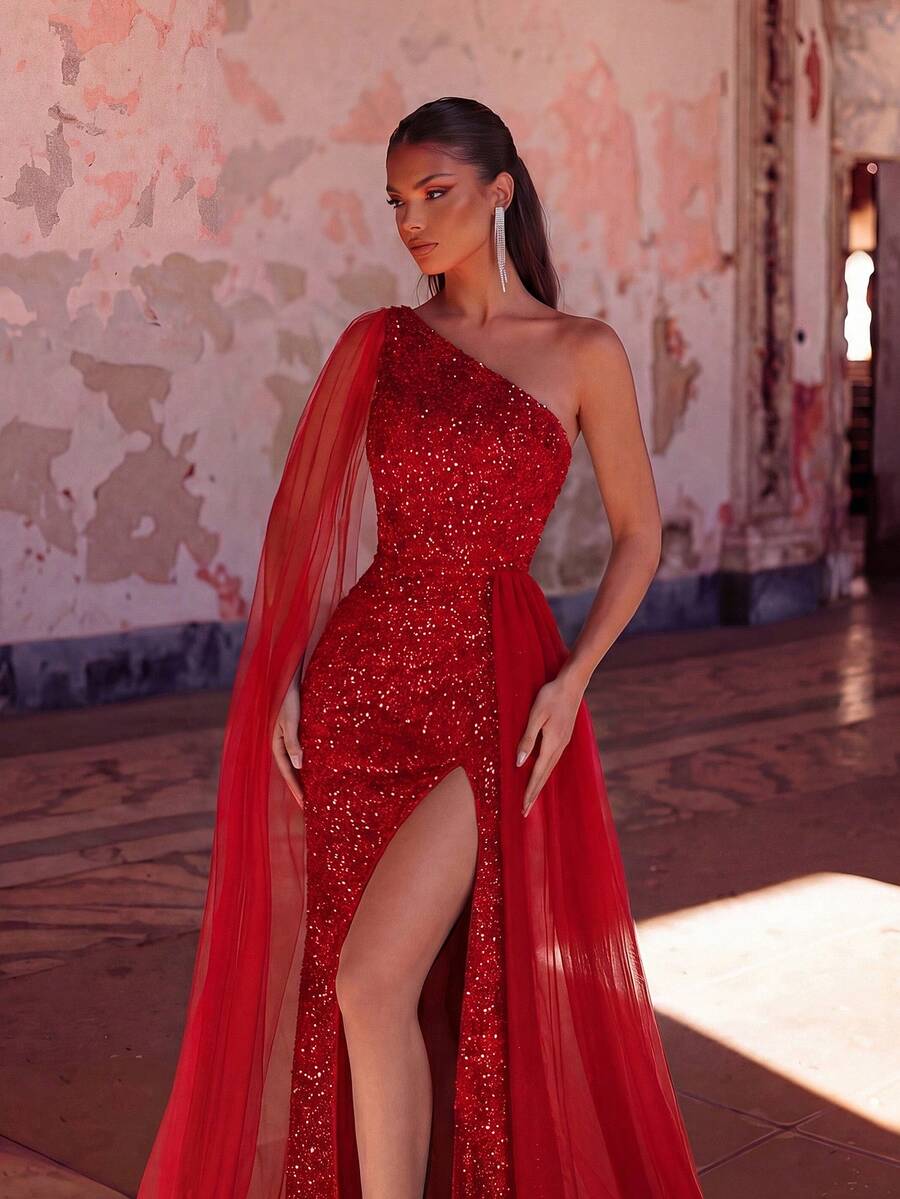 Shining Mermaid One-Shoulder Long Sleeve Slit Sequin Red Floor-Length Prom Dress