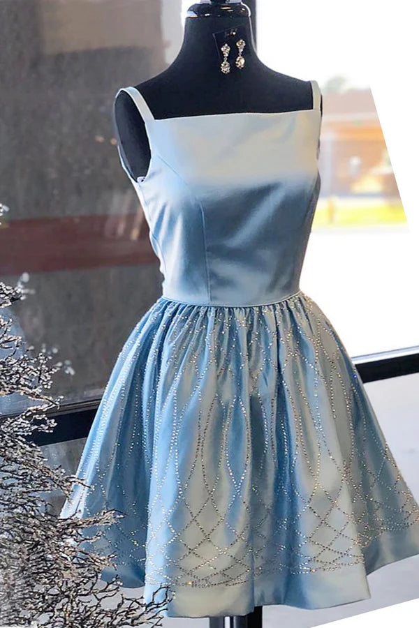 Shiny blue satin knee-length prom dress with square neckline and delicate beading, front view.