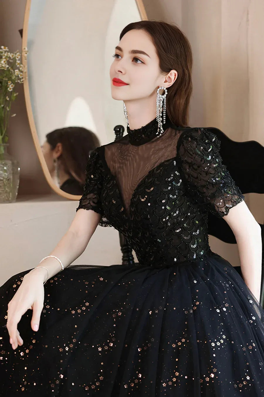 Shiny A-Line Beading Sequins Tulle Black Long Formal Dresses Evening Dresses