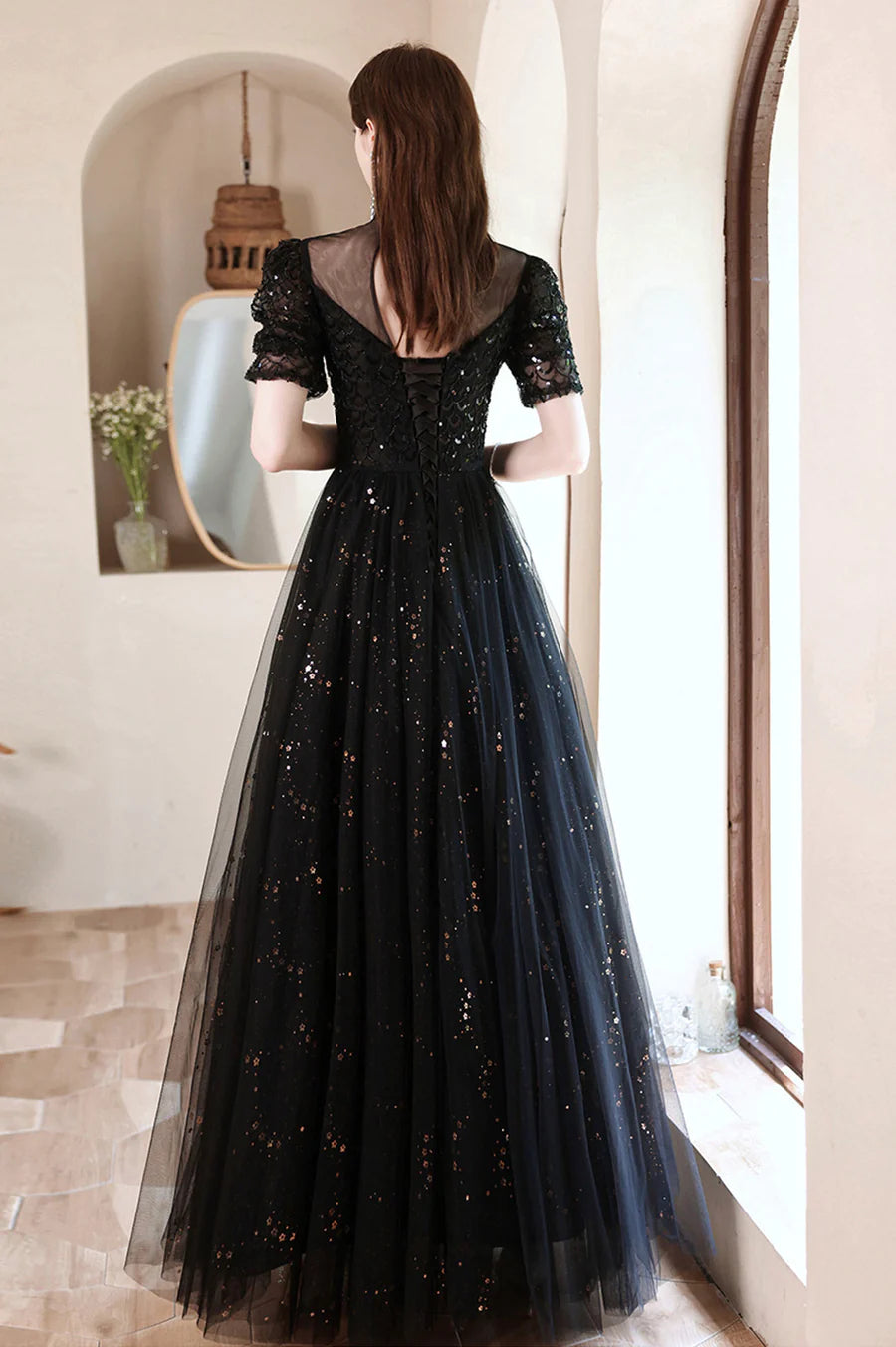 Shiny A-Line Beading Sequins Tulle Black Long Formal Dresses Evening Dresses