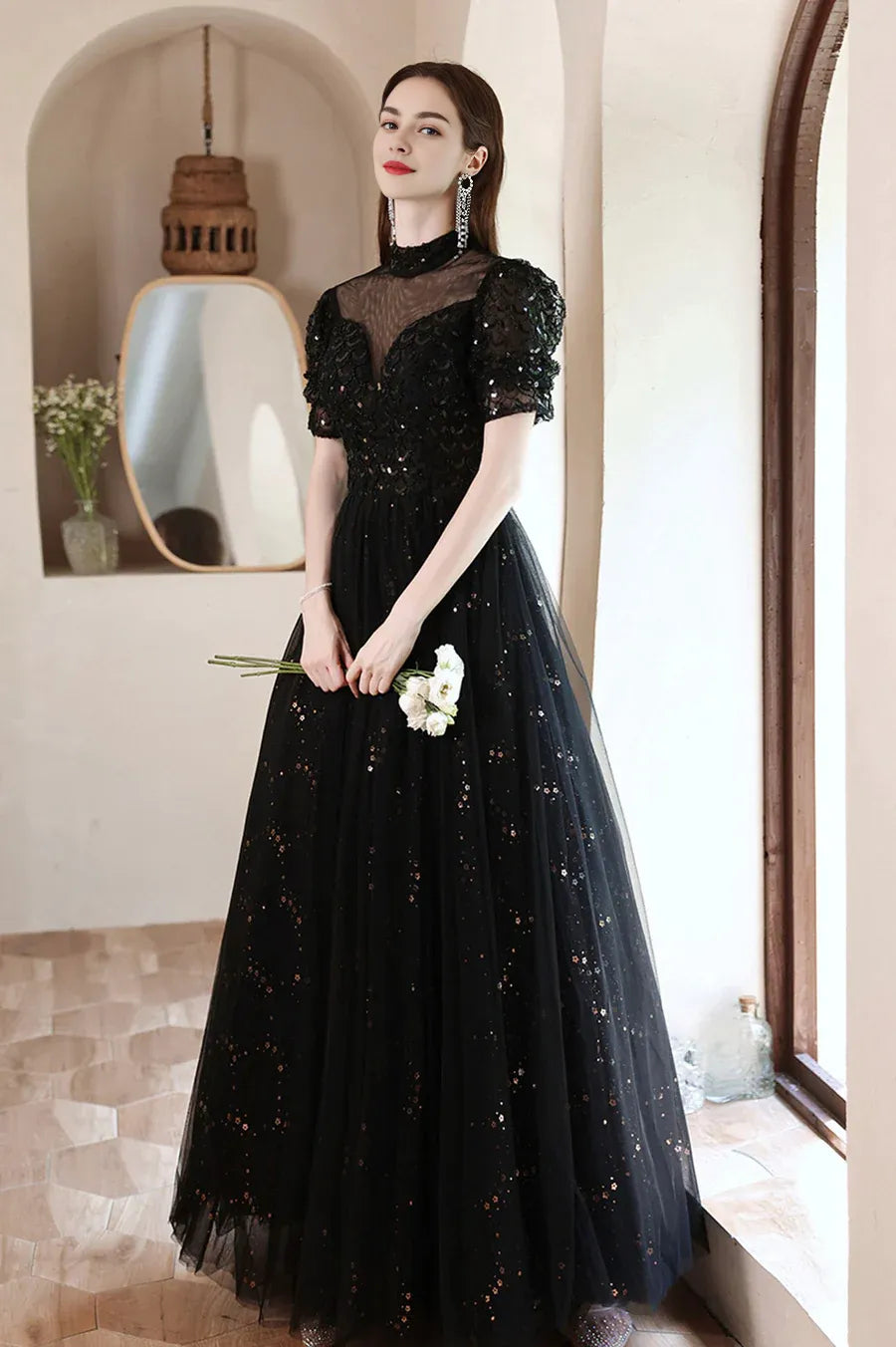Shiny A-Line Beading Sequins Tulle Black Long Formal Dresses Evening Dresses