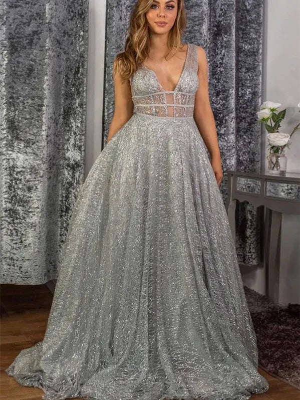 Shiny A-Line Deep-V Neck Sleeveless Sequin Silver Grey Floor-Length Prom Dress