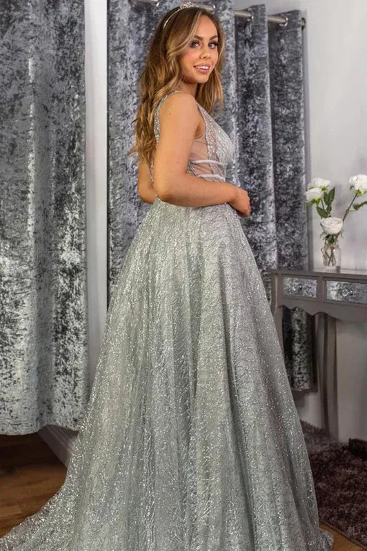 Shiny A-Line Deep-V Neck Sleeveless Sequin Silver Grey Floor-Length Prom Dress