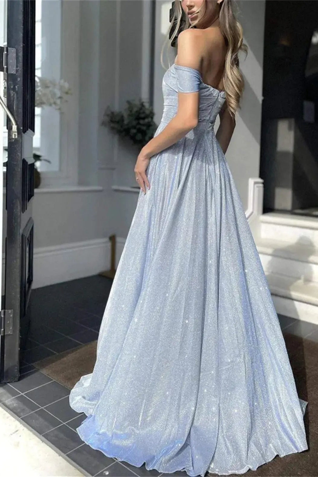 Shiny A-Line Off-Shoulder Ruched Light Blue Floor-Length Prom Dress With High Slit