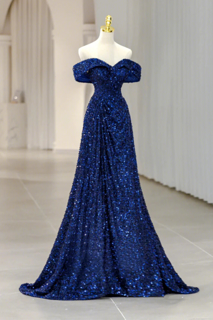 Shiny A-Line Off the Shoulder Pleated Sequins Blue Long Prom Dress Evening Dress