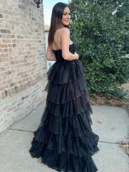 Shiny A-Line Strapless Lace Applique Ruffle Tulle Black Long Prom Dress With Slit