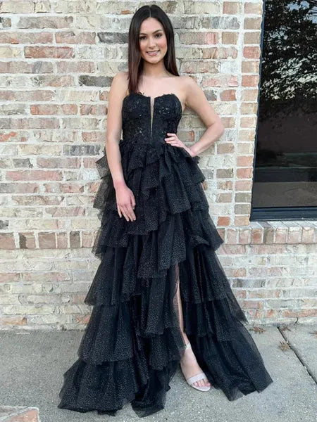 Shiny A-Line Strapless Lace Applique Ruffle Tulle Black Long Prom Dress With Slit