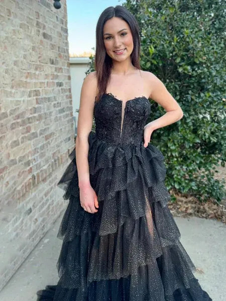 Shiny A-Line Strapless Lace Applique Ruffle Tulle Black Long Prom Dress With Slit