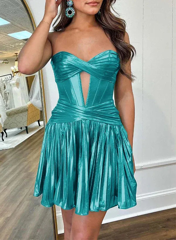 Shiny A-Line Strapless Twist Cutout Pleated Teal Short Homecoming Dress For Ladies