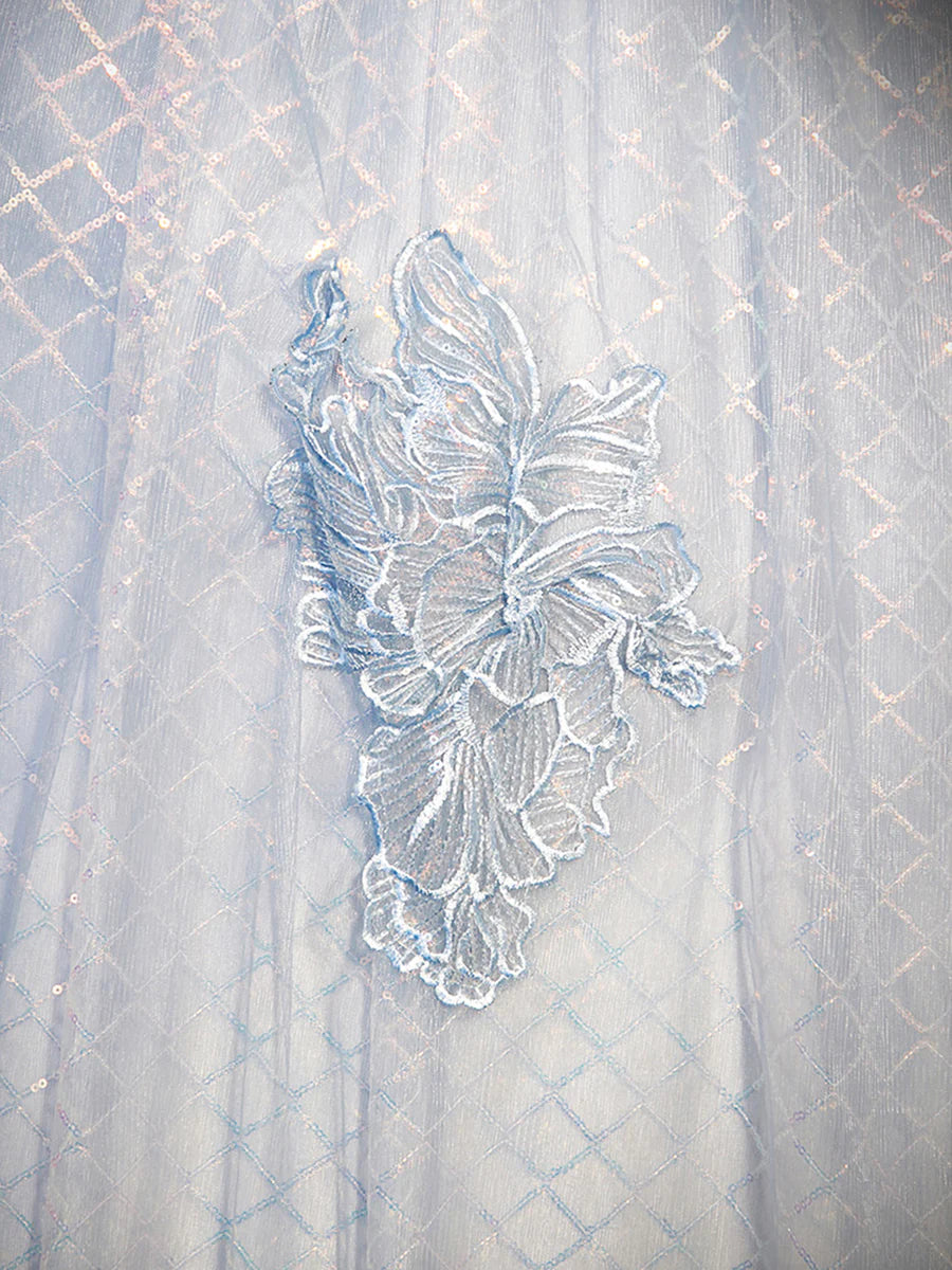 Shiny A-Line V Neck Short Sleeve Applique Mesh Tulle Lace Blue Long Prom Dress