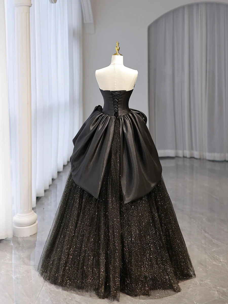 Shiny Black Satin Tulle Strapless Floor Length Party Dress Evening Prom Dress
