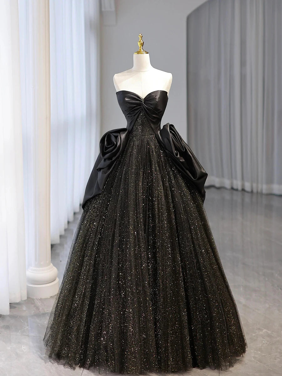 Shiny Black Satin Tulle Strapless Floor Length Party Dress Evening Prom Dress