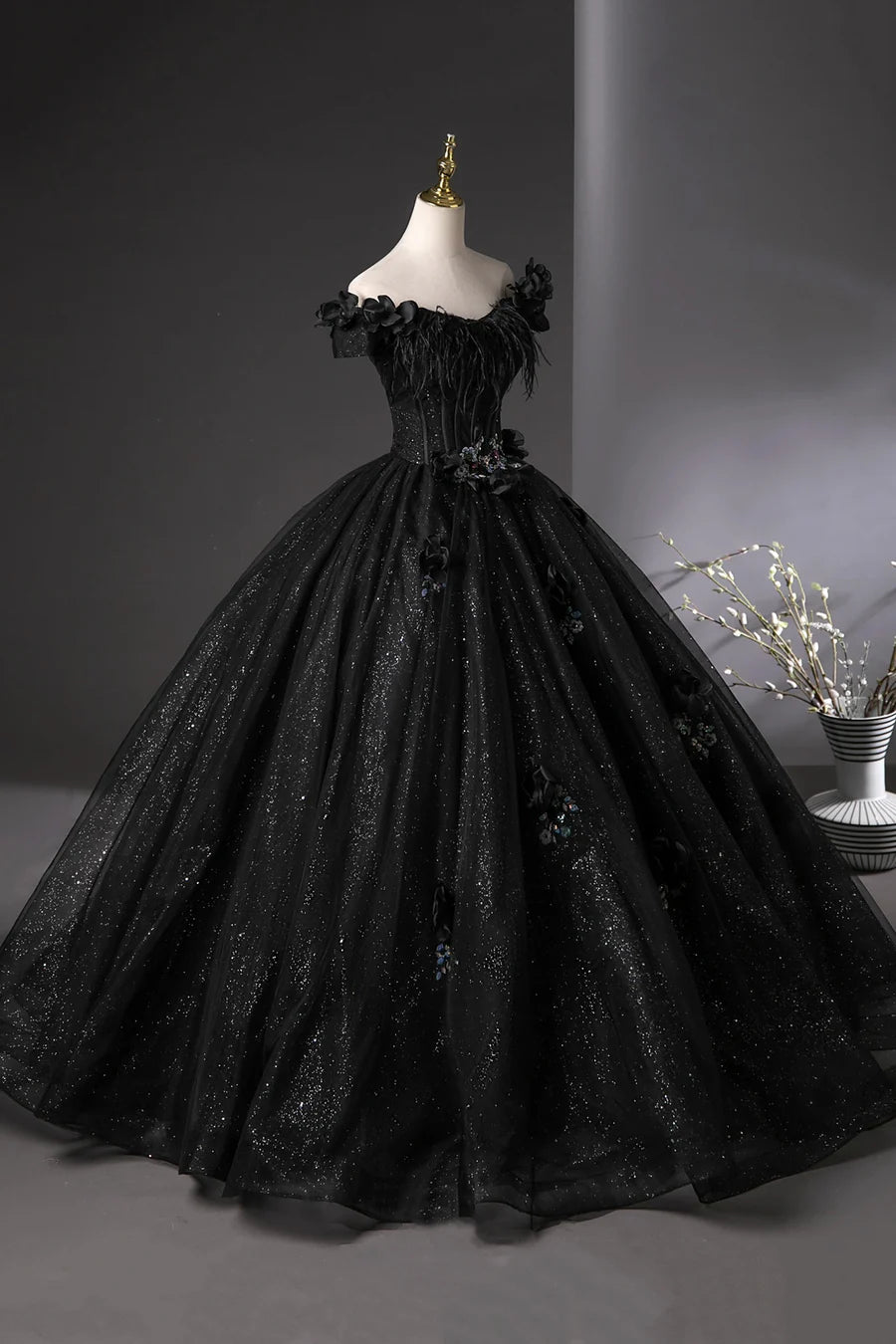 Shiny Black Tulle Feather Off the Shoulder A-line Long Prom Dress Evening Gown