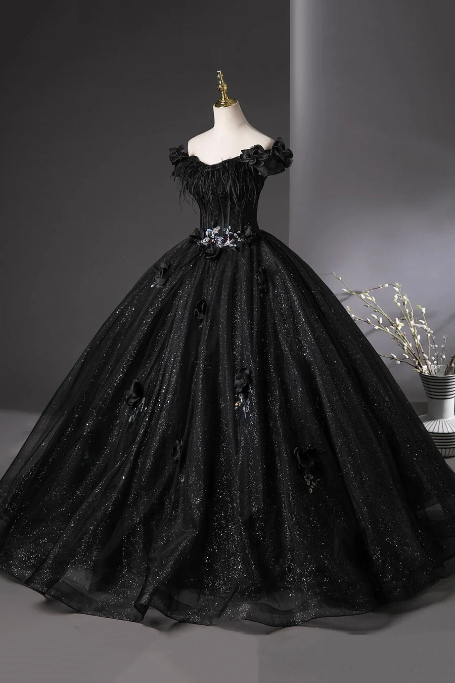 Shiny Black Tulle Feather Off the Shoulder A-line Long Prom Dress Evening Gown
