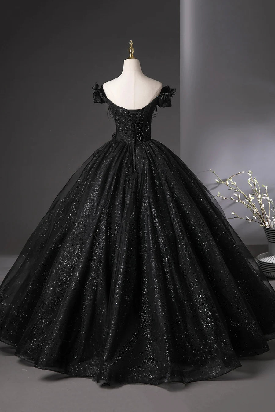 Shiny Black Tulle Feather Off the Shoulder A-line Long Prom Dress Evening Gown