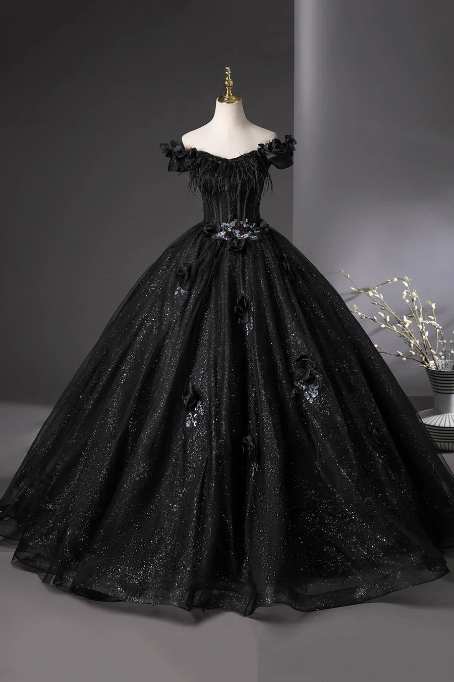 Shiny Black Tulle Feather Off the Shoulder A-line Long Prom Dress Evening Gown