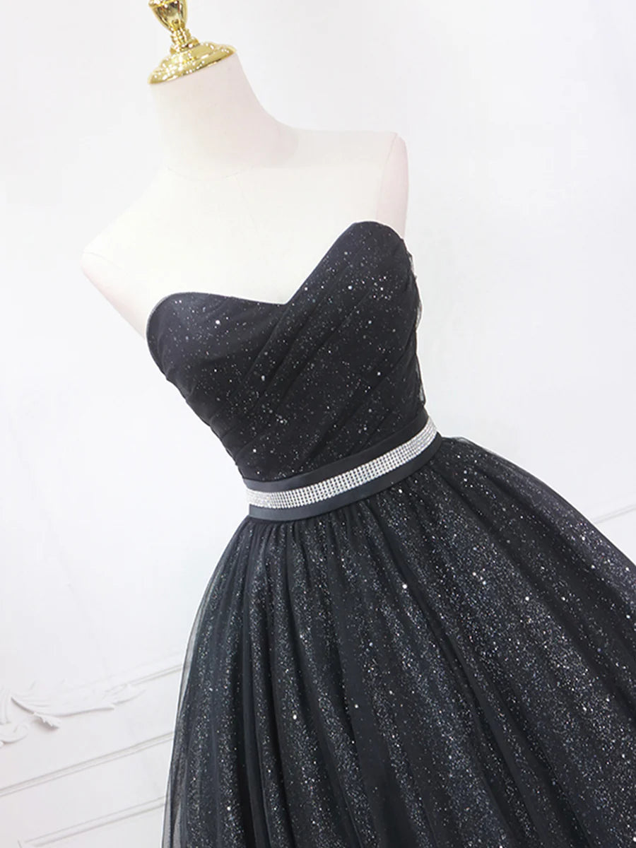 Shiny Black Tulle Sequins With Beaded Strapless Short Prom Dress A-Line Homecoming Dress
