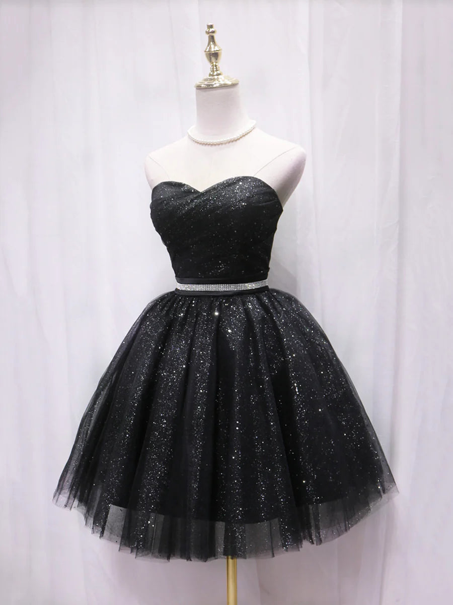 Shiny Black Tulle Sequins With Beaded Strapless Short Prom Dress A-Line Homecoming Dress