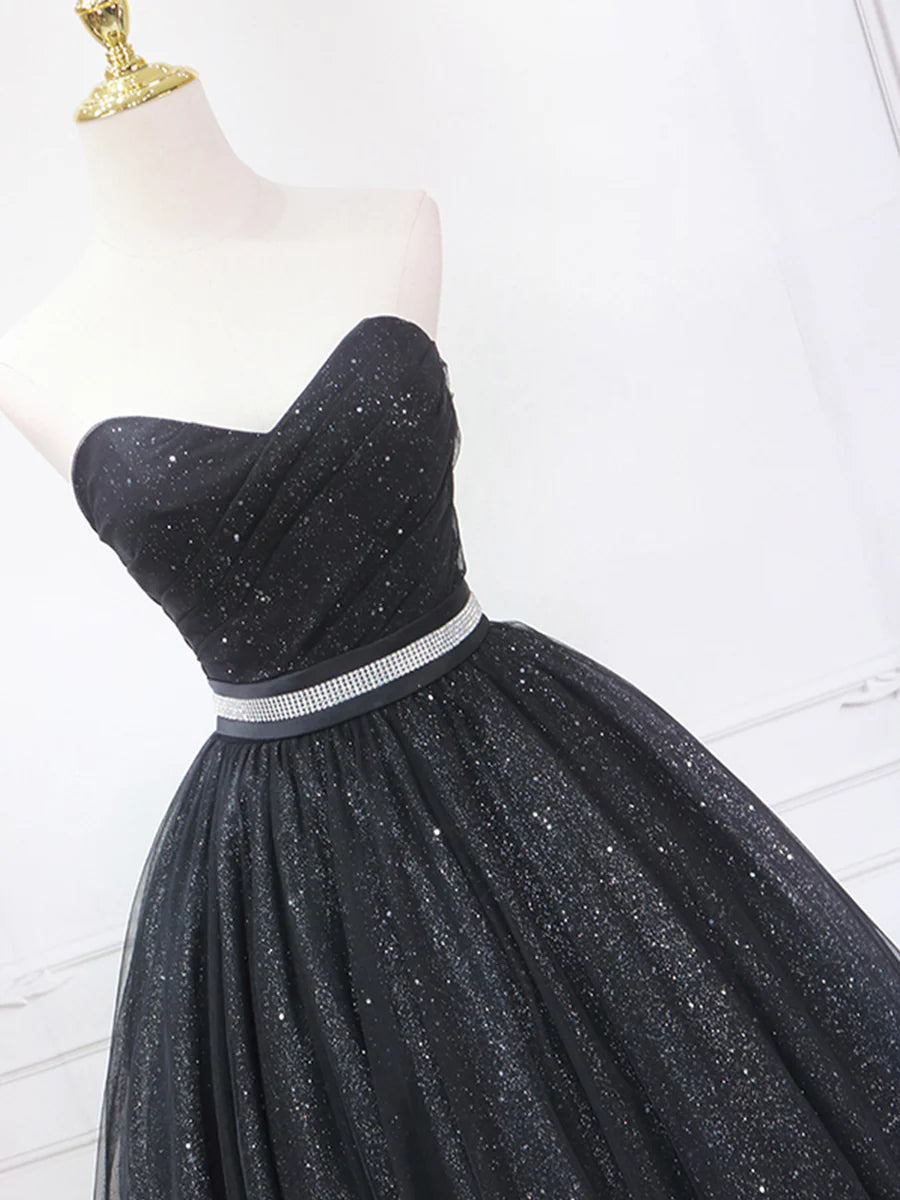 Shiny Black Tulle Sequins With Beaded Strapless Tea Length Prom Dress A-Line Homecoming Dress