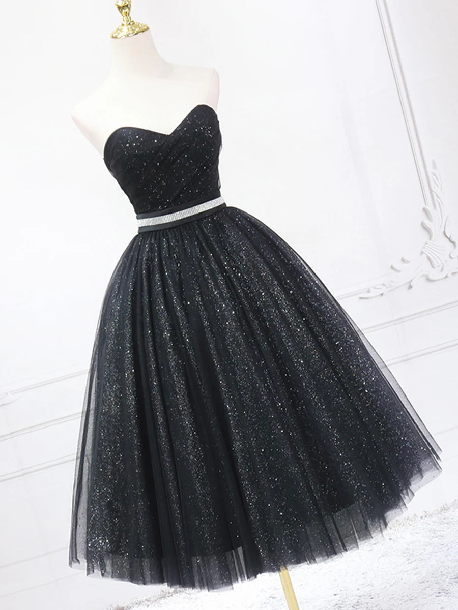 Shiny Black Tulle Sequins With Beaded Strapless Tea Length Prom Dress A-Line Homecoming Dress