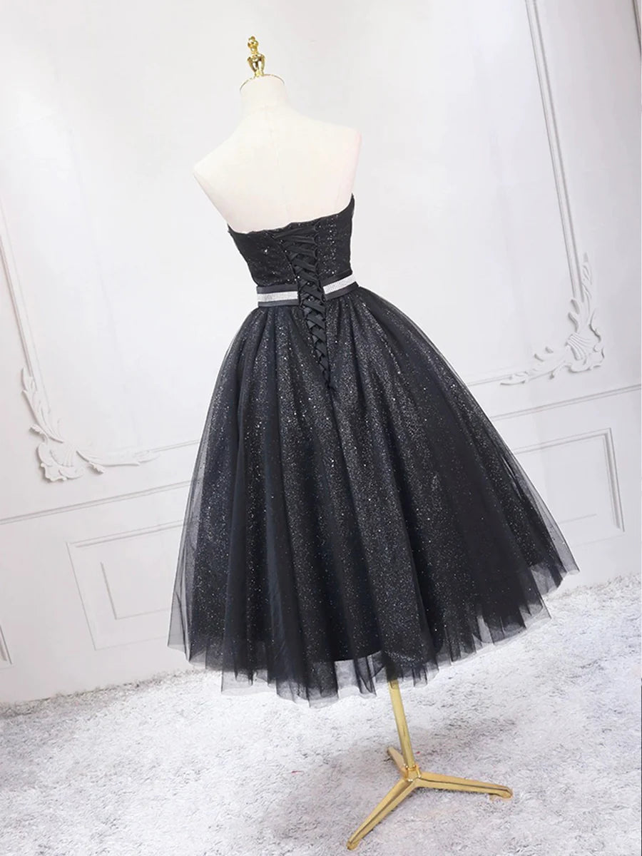 Shiny Black Tulle Sequins With Beaded Strapless Tea Length Prom Dress A-Line Homecoming Dress