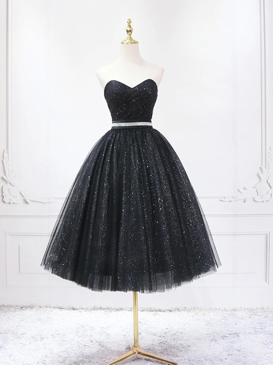 Shiny Black Tulle Sequins With Beaded Strapless Tea Length Prom Dress A-Line Homecoming Dress
