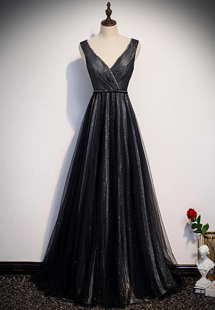 Shiny Black Tulle V-Neck Floor Length Long Prom Dresses A-Line Evening Dresses