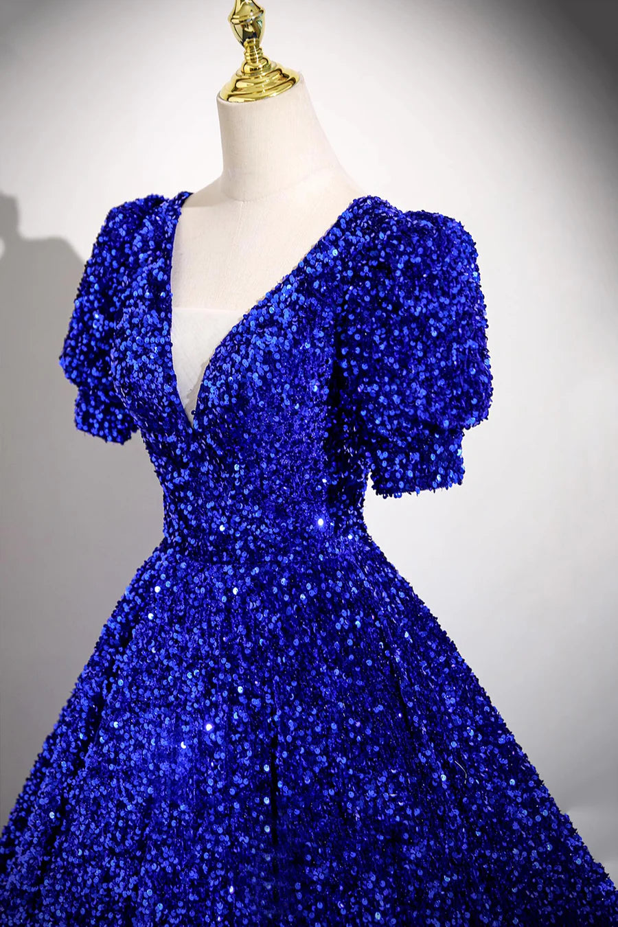 Shiny Blue Sequins V-Neck Short Sleeve A-Line Long Prom Dress Party Dress