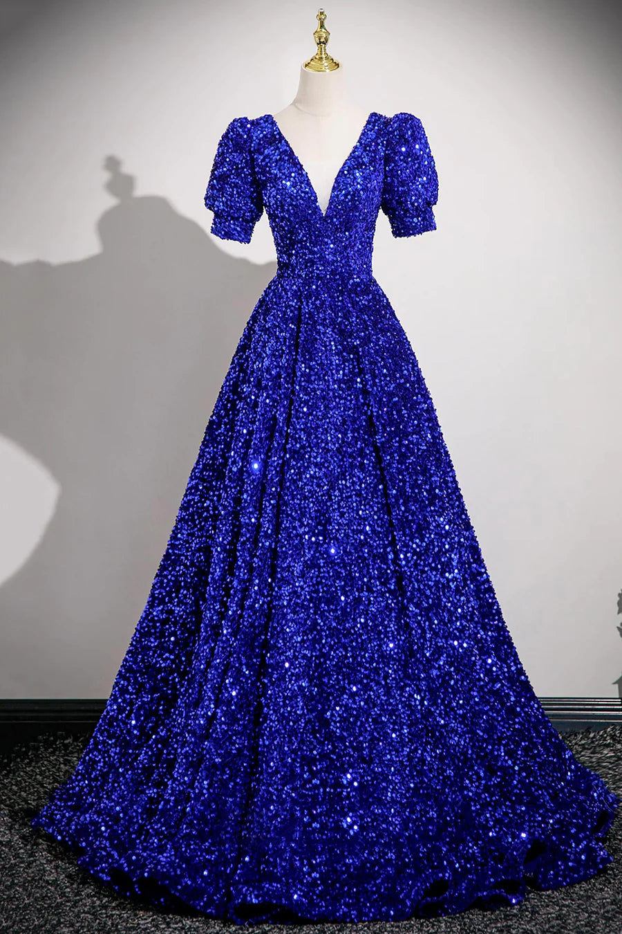 Shiny Blue Sequins V-Neck Short Sleeve A-Line Long Prom Dress Party Dress