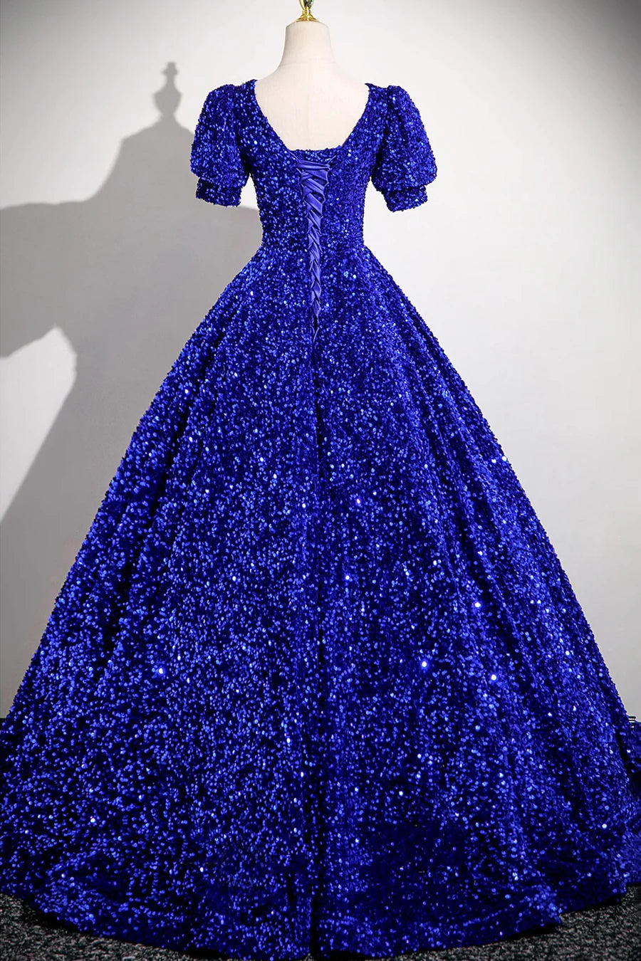 Shiny Blue Sequins V-Neck Short Sleeve A-Line Long Prom Dress Party Dress
