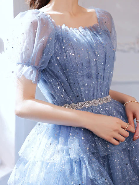 Shiny Blue Tulle Layers Short Sleeves A-line Party Dress Homecoming Dresses