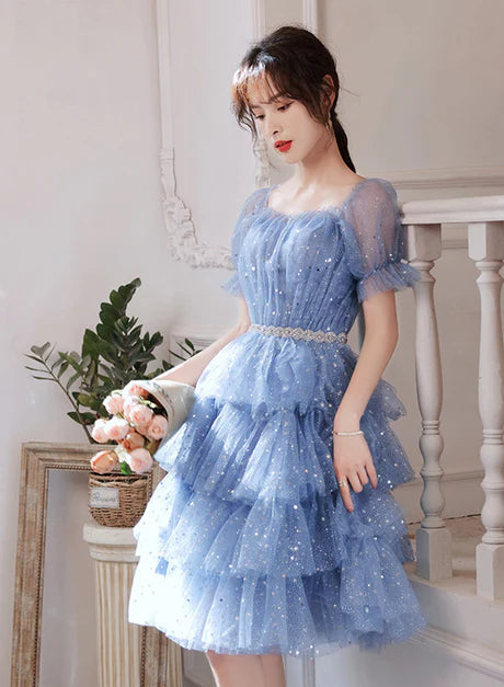 Shiny Blue Tulle Layers Short Sleeves A-line Party Dress Homecoming Dresses