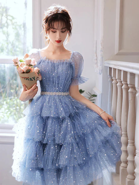 Shiny Blue Tulle Layers Short Sleeves A-line Party Dress Homecoming Dresses