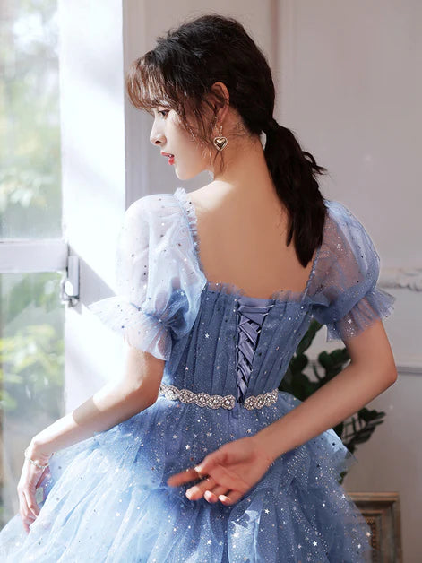 Shiny Blue Tulle Layers Short Sleeves A-line Party Dress Homecoming Dresses