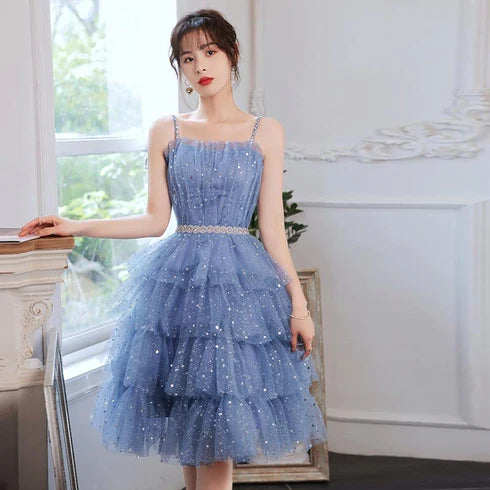 Shiny Blue Tulle Layers Short Sleeves A-line Party Dress Homecoming Dresses