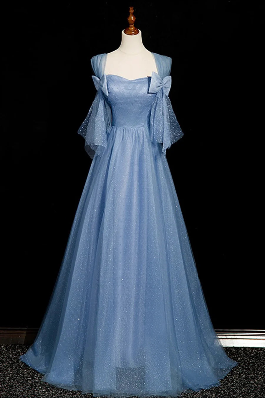 Shiny Blue Tulle Off Shoulder A-Line Long Prom Dress Evening Party Dress