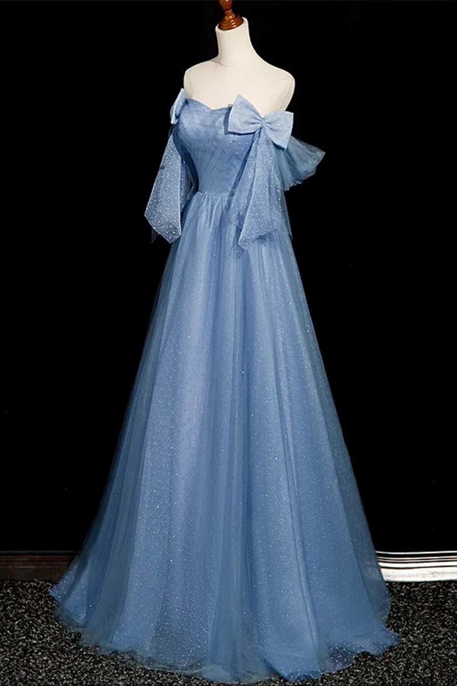 Shiny Blue Tulle Off Shoulder A-Line Long Prom Dress Evening Party Dress