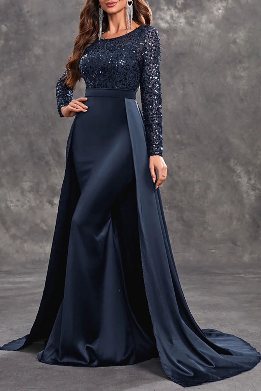 Shiny Burgundy Sequins Round Neck Long Sleeves A Line Mother of the Bride Dress With Train