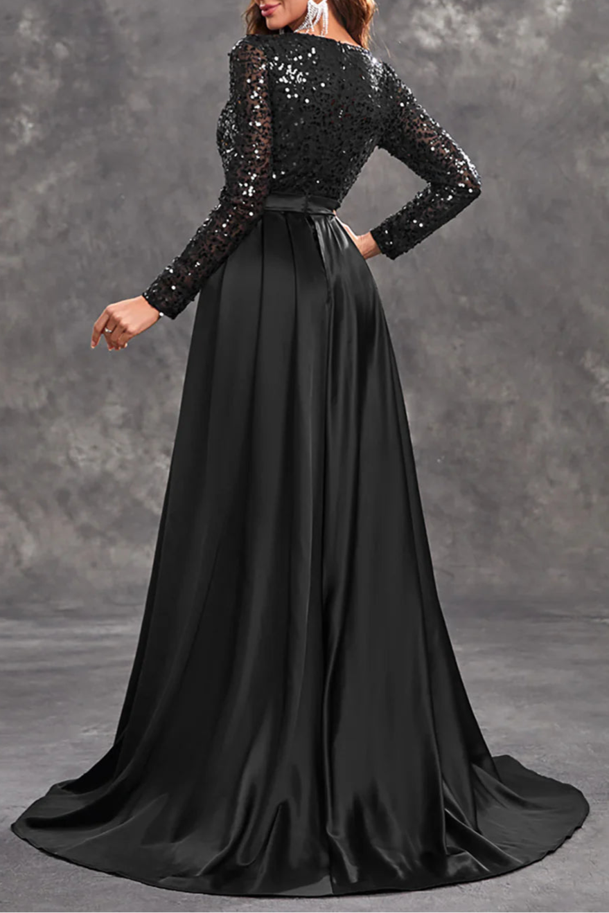 Shiny Burgundy Sequins Round Neck Long Sleeves A Line Mother of the Bride Dress With Train