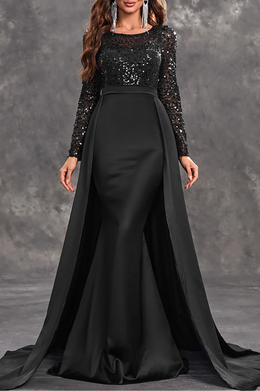 Shiny Burgundy Sequins Round Neck Long Sleeves A Line Mother of the Bride Dress With Train