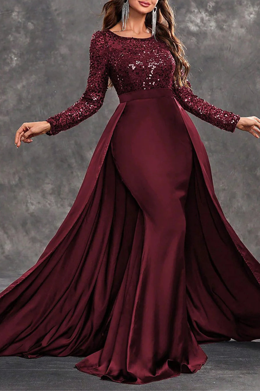 Shiny Burgundy Sequins Round Neck Long Sleeves A Line Mother of the Bride Dress With Train