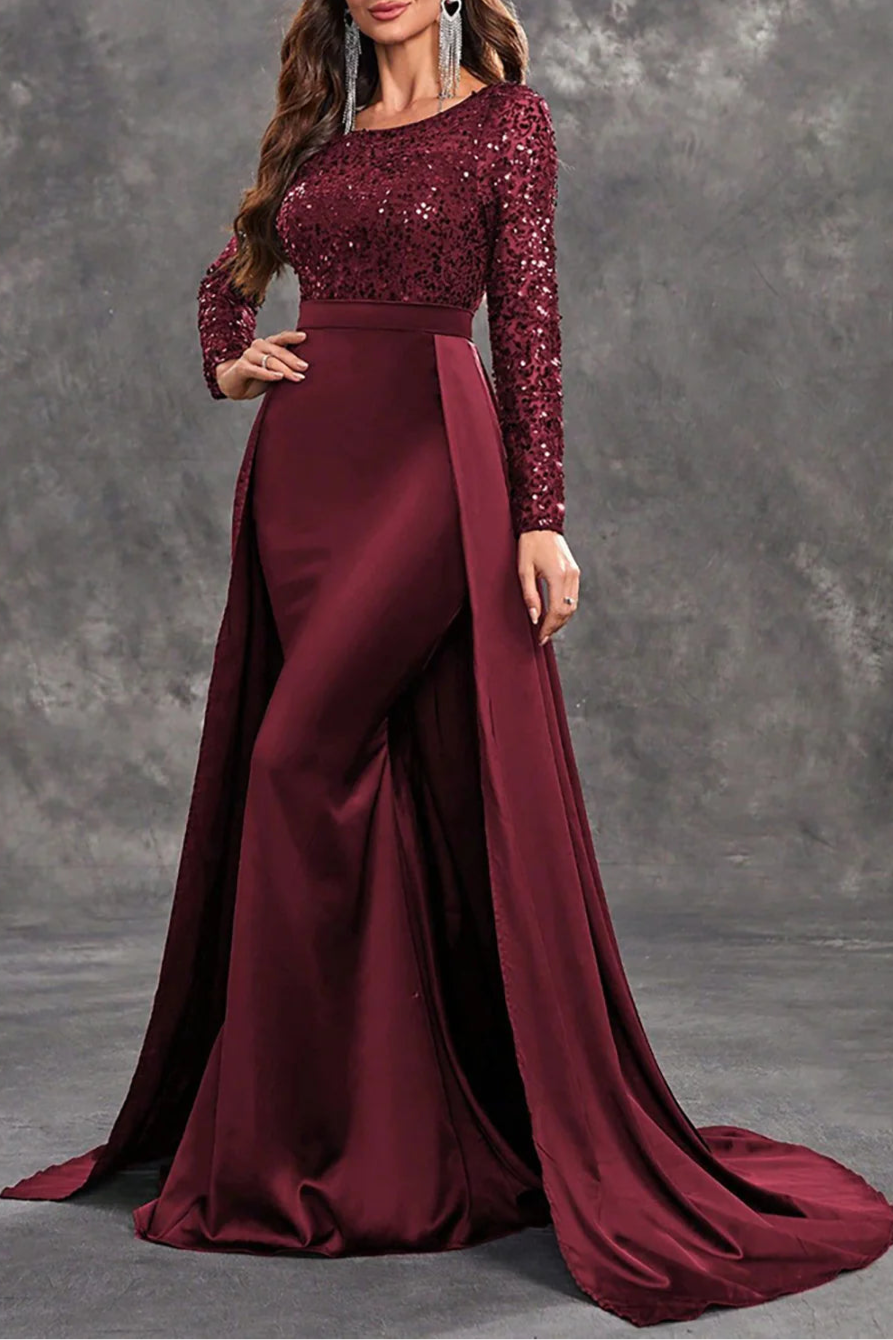 Shiny Burgundy Sequins Round Neck Long Sleeves A Line Mother of the Bride Dress With Train