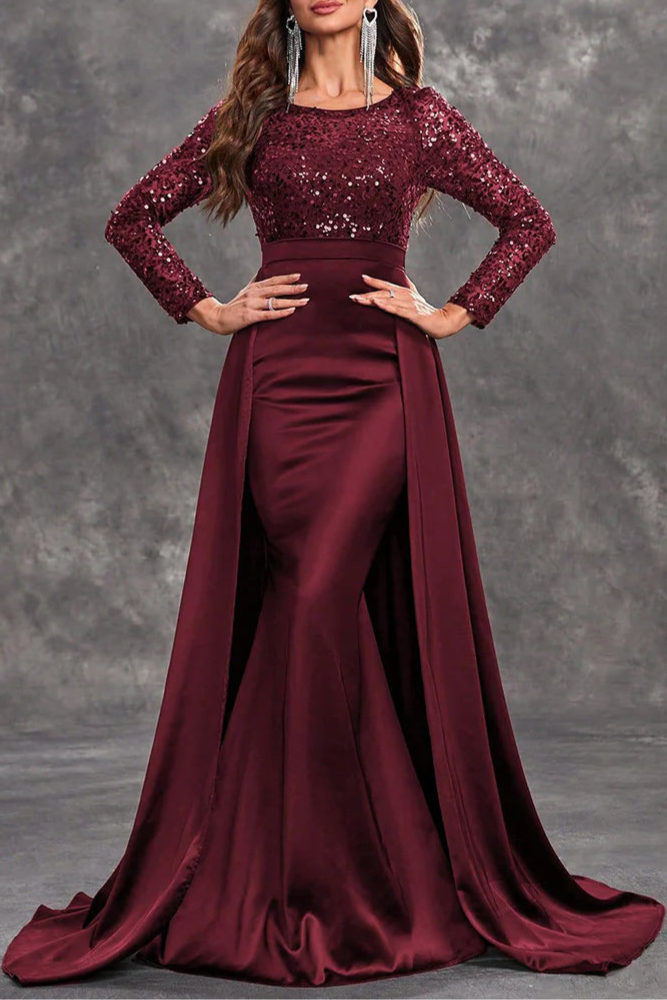 Shiny Burgundy Sequins Round Neck Long Sleeves A Line Mother of the Bride Dress With Train