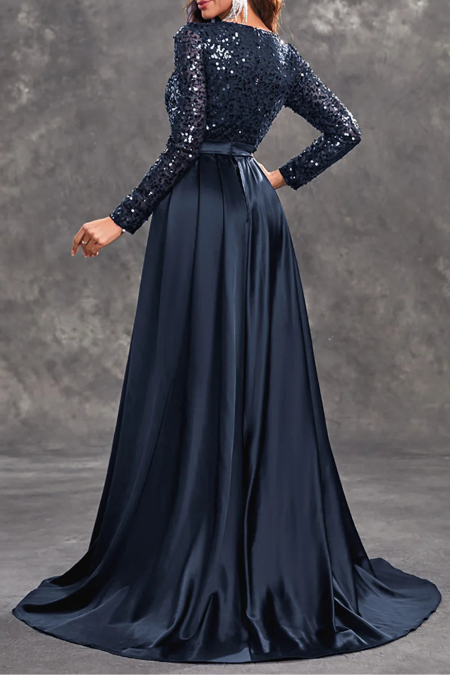 Shiny Burgundy Sequins Round Neck Long Sleeves A Line Mother of the Bride Dress With Train