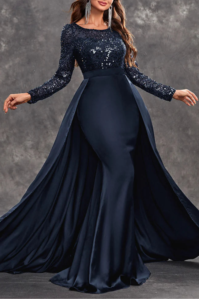 Shiny Burgundy Sequins Round Neck Long Sleeves A Line Mother of the Bride Dress With Train