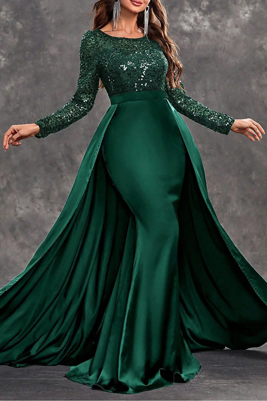 Shiny Burgundy Sequins Round Neck Long Sleeves A Line Mother of the Bride Dress With Train