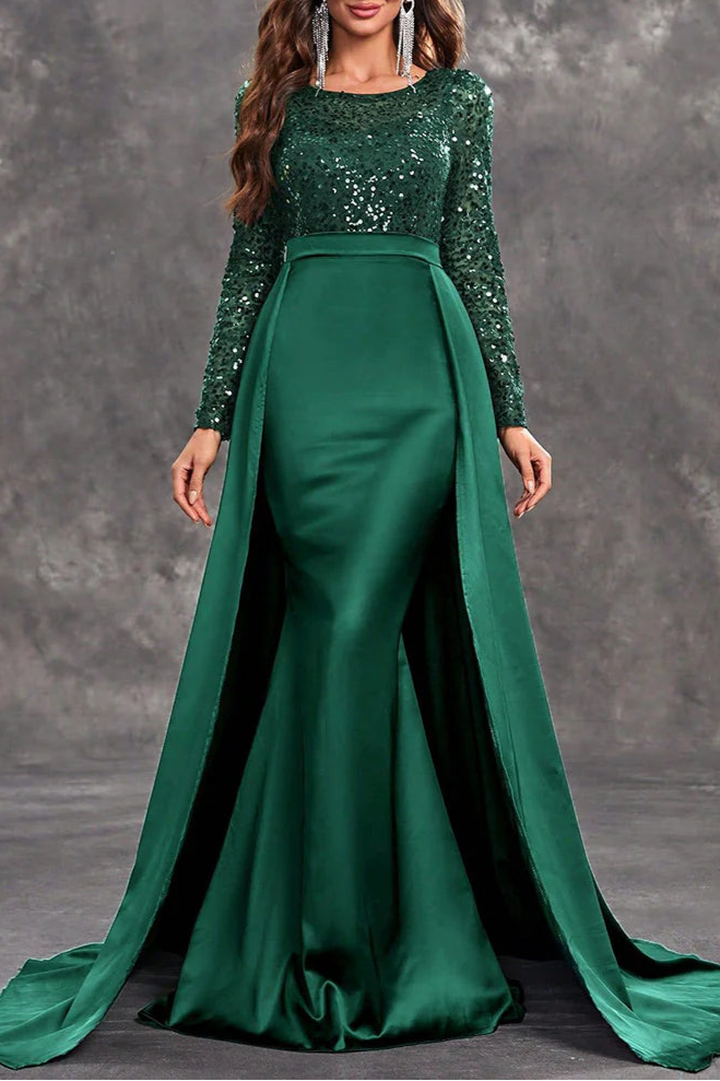 Shiny Burgundy Sequins Round Neck Long Sleeves A Line Mother of the Bride Dress With Train